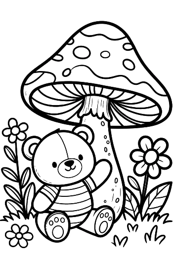 Adorable Teddy Bear Standing by a Giant Mushroom Printable