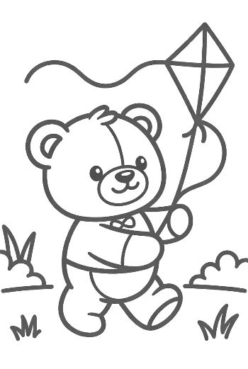 Cute Teddy Bear Playing with a Kite Coloring Page Printable