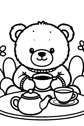 Friendly Teddy Bear Serving Tea from a Teapot Printable