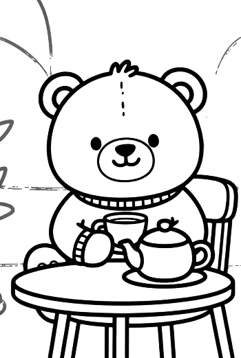 Happy Teddy Bear Sitting at a Tea Table Illustration Printable
