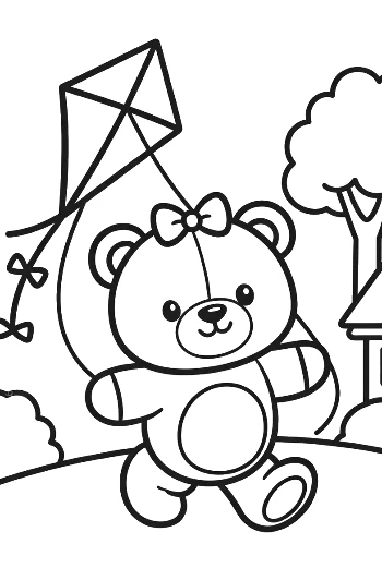 Happy Teddy Bear Walking with a Kite Illustration Printable