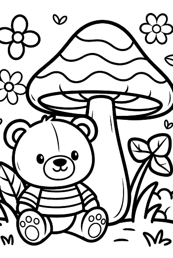 Small Teddy Bear Exploring a Magical Mushroom Field Printable