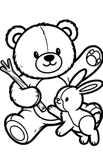 Teddy Bear and Bunny with Stick