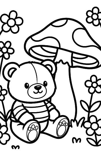 Teddy Bear Sitting Under a Big Mushroom in the Garden Printable