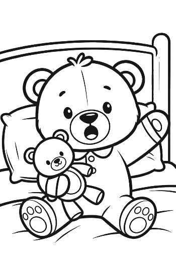 Teddy Bear Waking Up in Bed with a Small Toy Printable