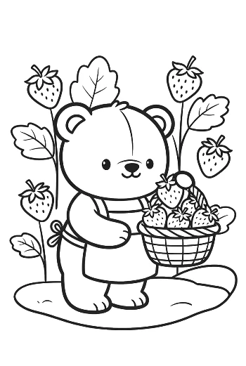 Teddy Bear Wearing Overalls Picking Fresh Strawberries Printable
