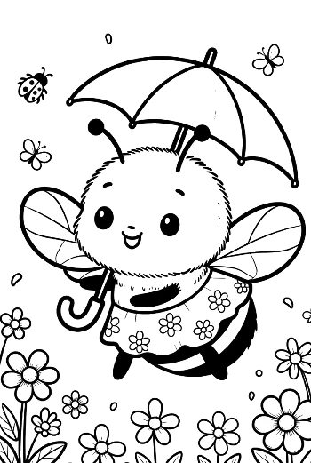 Adorable Bee Character Walking with a Spotted Umbrella Printable