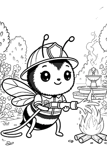 Brave Bumble Bee Firefighter Wearing a Helmet by the Fire Printable