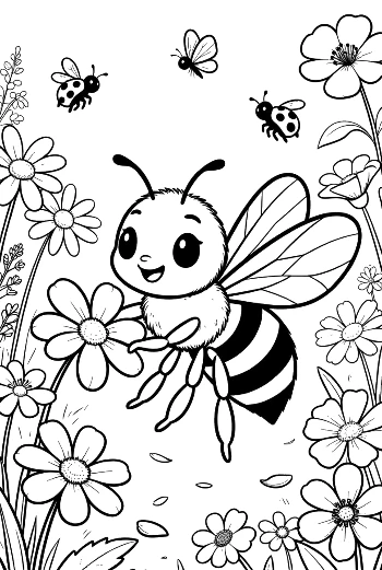 Cheerful Honey Bee Flying in a Field of Flowers Printable