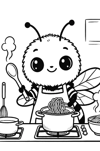 Cute Baby Bumble Bee Cooking in the Kitchen Coloring Page Printable