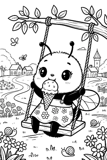Cute Bee Cub Sitting on a Swing with a Sweet Treat Printable