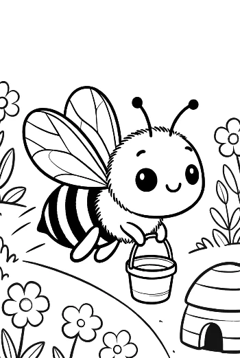 Cute Honey Bee Carrying a Honey Pot Near the Hive Printable
