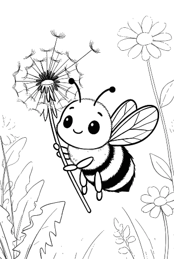 Cute Honey Bee Holding a Fluffy Dandelion Flower Printable