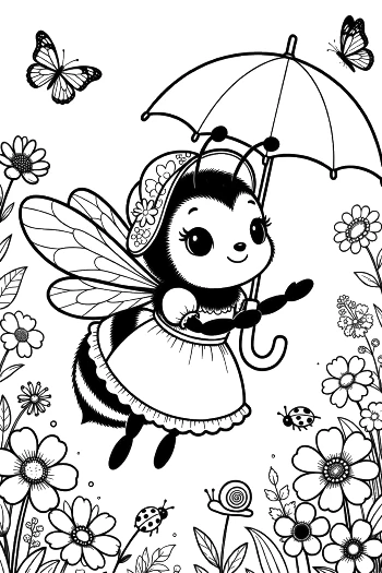 Friendly Bumble Bee with an Umbrella Near Garden Flowers Printable