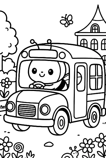 Happy Bumble Bee Driving a Small School Bus for Insects Printable