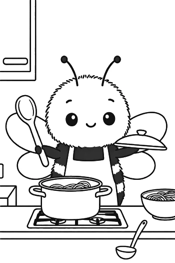 Little Bee Chef Stirring a Pot on the Stove Illustration Printable