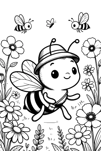 Little Bee Explorer with a Hat Among the Flowers Printable