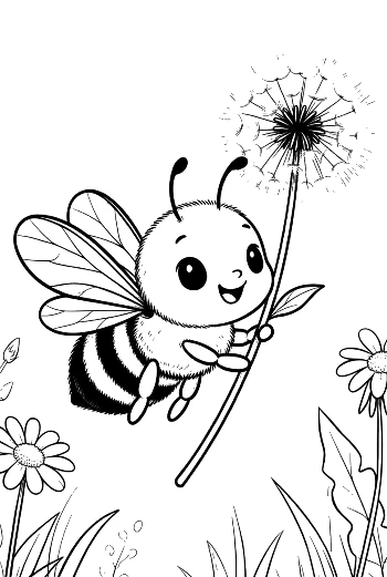 Little Honey Bee Playing with a Dandelion in the Meadow Printable