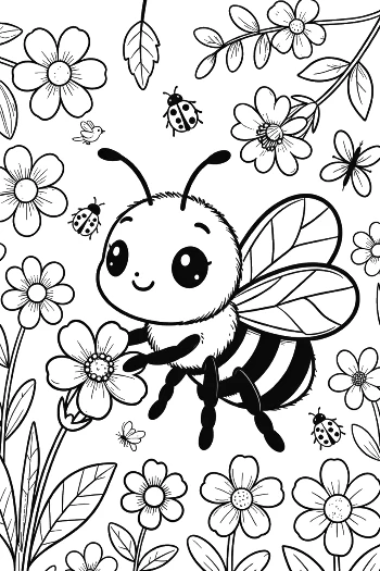 Small Bee Character Surrounded by Pretty Spring Petals Printable