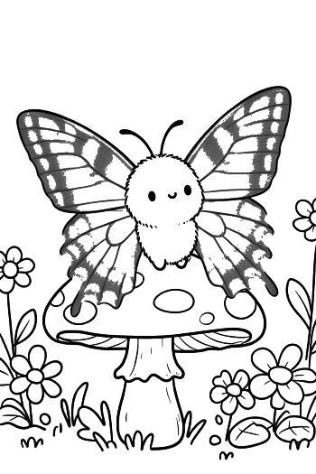 Adorable Butterfly Character Sitting on a Mushroom in the Garden Printable