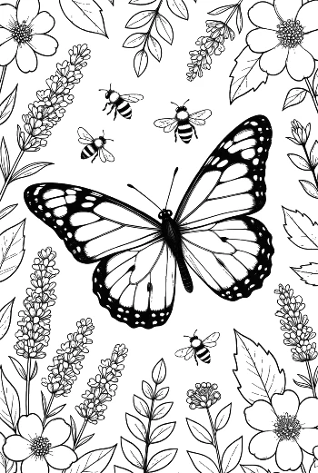 Beautiful Monarch Butterfly Flying Over a Flower Garden Coloring Page Printable