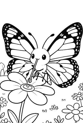 Cute Butterfly Character Flying Near Summer Blossoms Printable