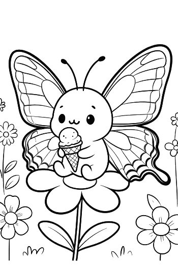 Friendly Butterfly Character with a Double Scoop Ice Cream Cone Printable