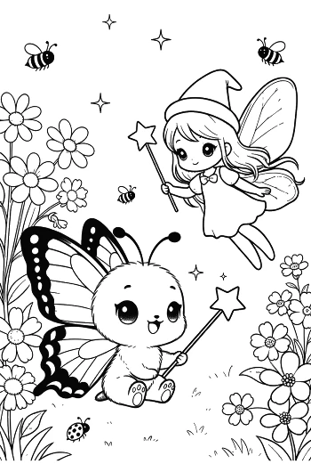 Friendly Butterfly Character with a Magic Wand and Flowers Printable