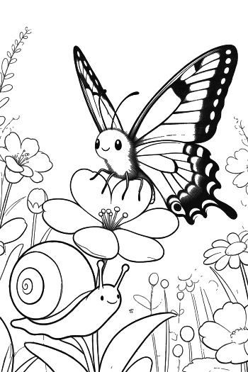 Happy Butterfly and Snail Friend in a Spring Flower Meadow Printable