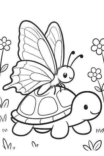 Happy Butterfly Sitting on a Turtle's Back in the Garden Printable