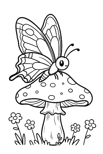 Little Swallowtail Butterfly Character Resting on a Large Mushroom Printable