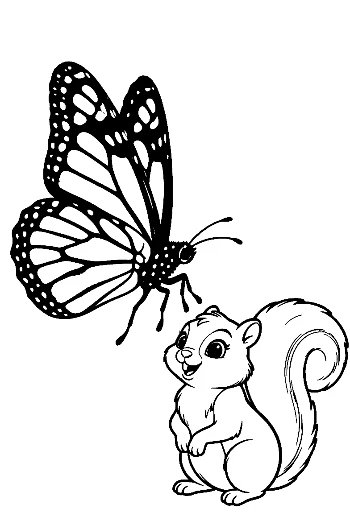 Monarch Butterfly and Cute Squirrel Outline