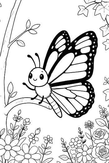 Pretty Butterfly Resting on a Tree Branch Coloring Sheet Printable