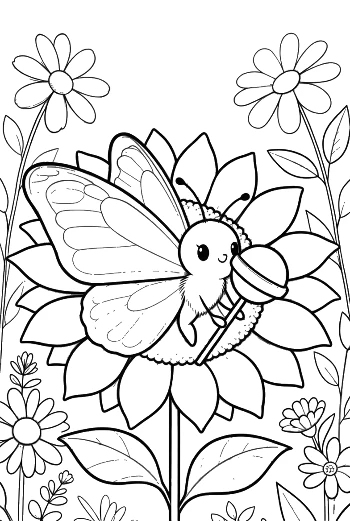 Smiling Butterfly Character Sitting on a Sunflower Printable