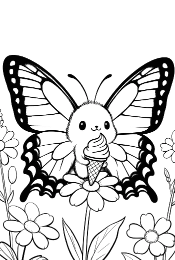 Sweet Butterfly Holding an Ice Cream Cone in a Summer Garden Printable