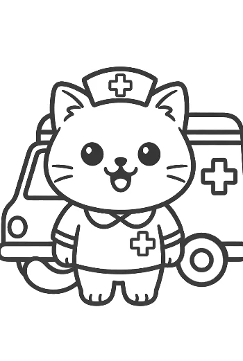 Adorable Baby Cat Nurse Standing Near a Hospital Van Printable
