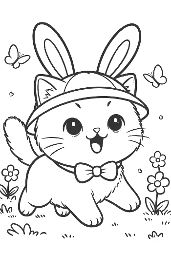 Süßes Babykatze mit Hasenmütze auf Ast Malvorlage zum Ausdrucken