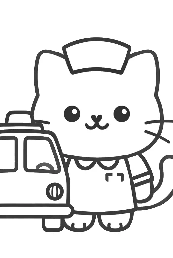 Cute Kitten Medical Worker with a Nurse Hat and Ambulance Printable