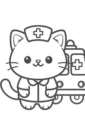 Sweet Kitten Nurse Standing in Front of a Medical Vehicle Printable