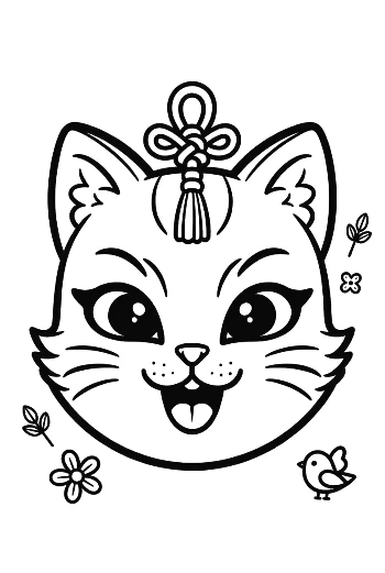 Cute Cat Face Mask with Traditional Bell and Flower Details Printable