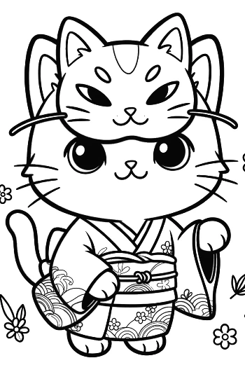 Cute Cat in a Floral Kimono with a Mask on Its Forehead Printable