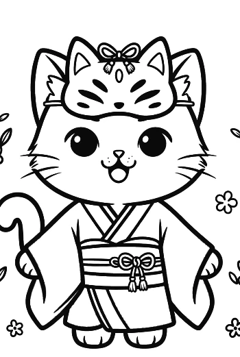 Happy Kitten in a Kimono with a Decorative Japanese Mask Printable