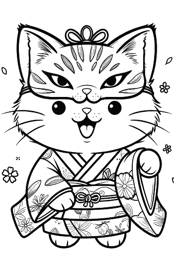 Happy Kitten in a Traditional Kimono Wearing a Decorative Mask Printable