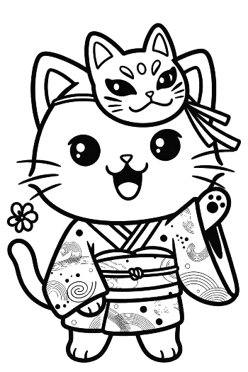 Kitten Character in a Kimono with a Mask Perched on Its Head Printable