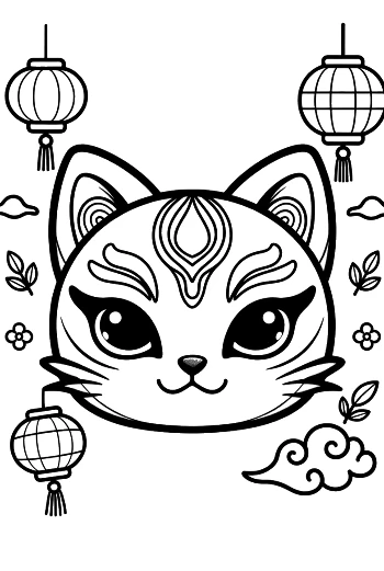 Kitten Wearing a Decorative Mask with Lantern and Flower Elements Printable