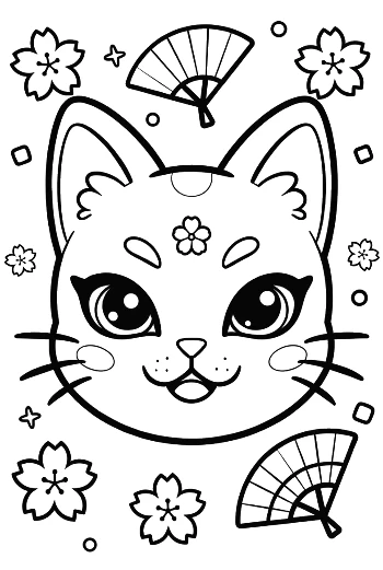 Pretty Cat Head with a Floral Mask and Oriental Fan Design Printable
