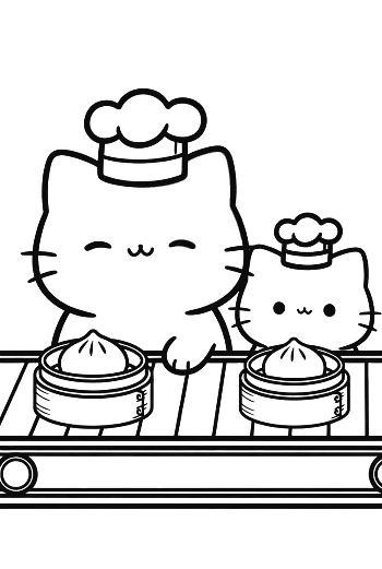 Adorable Chibi Cats Enjoying a Feast of Dim Sum Printable