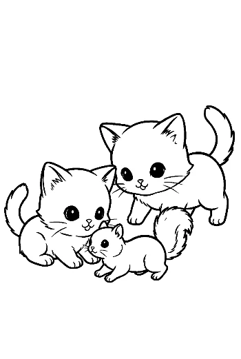 Chibi Cat Family Cuddling Adorably