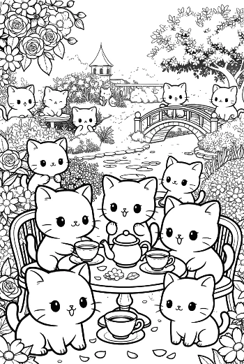Chibi-Katzen bei eleganter Outdoor-Teeparty zum Drucken