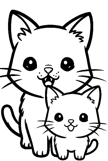 Chibi Mom Cat and Kitten Smiling
